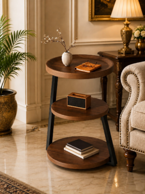 3 Tier Wooden Round Side Table The image shows a 3 Tier Wooden Round Side Table with 3 levels, and each shelf has a book, and the top one has a vase with a book