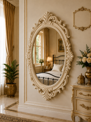 Carved Oval Wall Mirror Pakistan Carved oval wall mirror with a white and ivory decorative frame