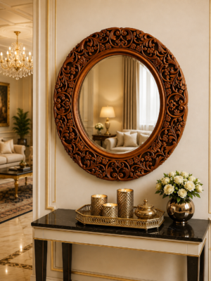Carved Round Wooden Wall Mirror Carved Round Wooden Wall Mirror - Handcrafted Royal Carved Designer Mirror | Made in Pakistan