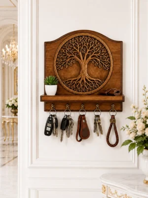 Heritage Tree of Life Wall Key Organizer Carved wooden Tree of Life Wall Key Organizer mounted on a wall with keys hanging from five hooks