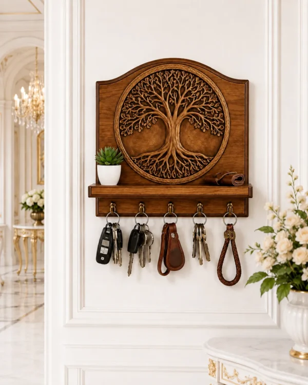Heritage Tree of Life Wall Key Organizer Carved wooden Tree of Life Wall Key Organizer mounted on a wall with keys hanging from five hooks