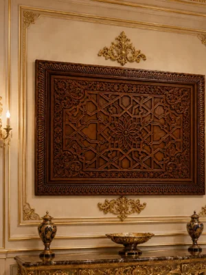 Islamic Wooden Wall Art Pakistan Carved wooden Islamic wall art with geometric star pattern and ornate frame