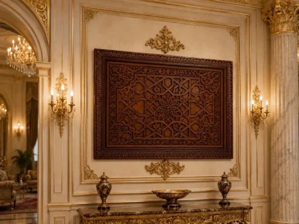 Islamic Wooden Wall Art Pakistan Carved wooden Islamic wall art with geometric star pattern and ornate frame