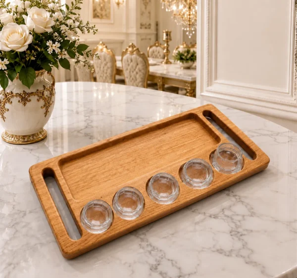 Handcrafted wooden serving tray for tea and coffee