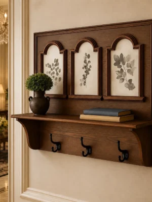 Wooden Wall Shelf with Hooks Wooden wall shelf with hooks for home organization