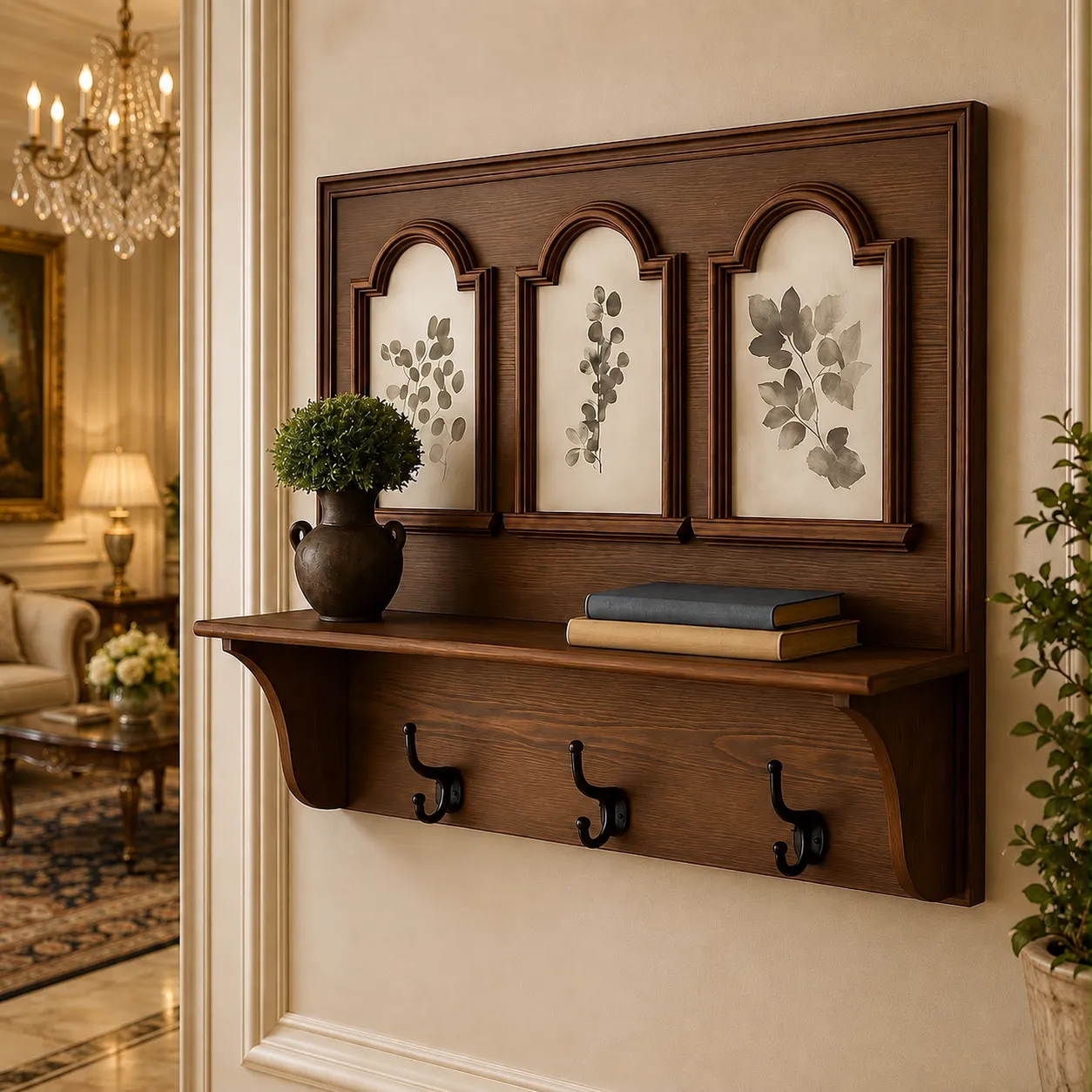 Wooden Wall Shelf with Hooks