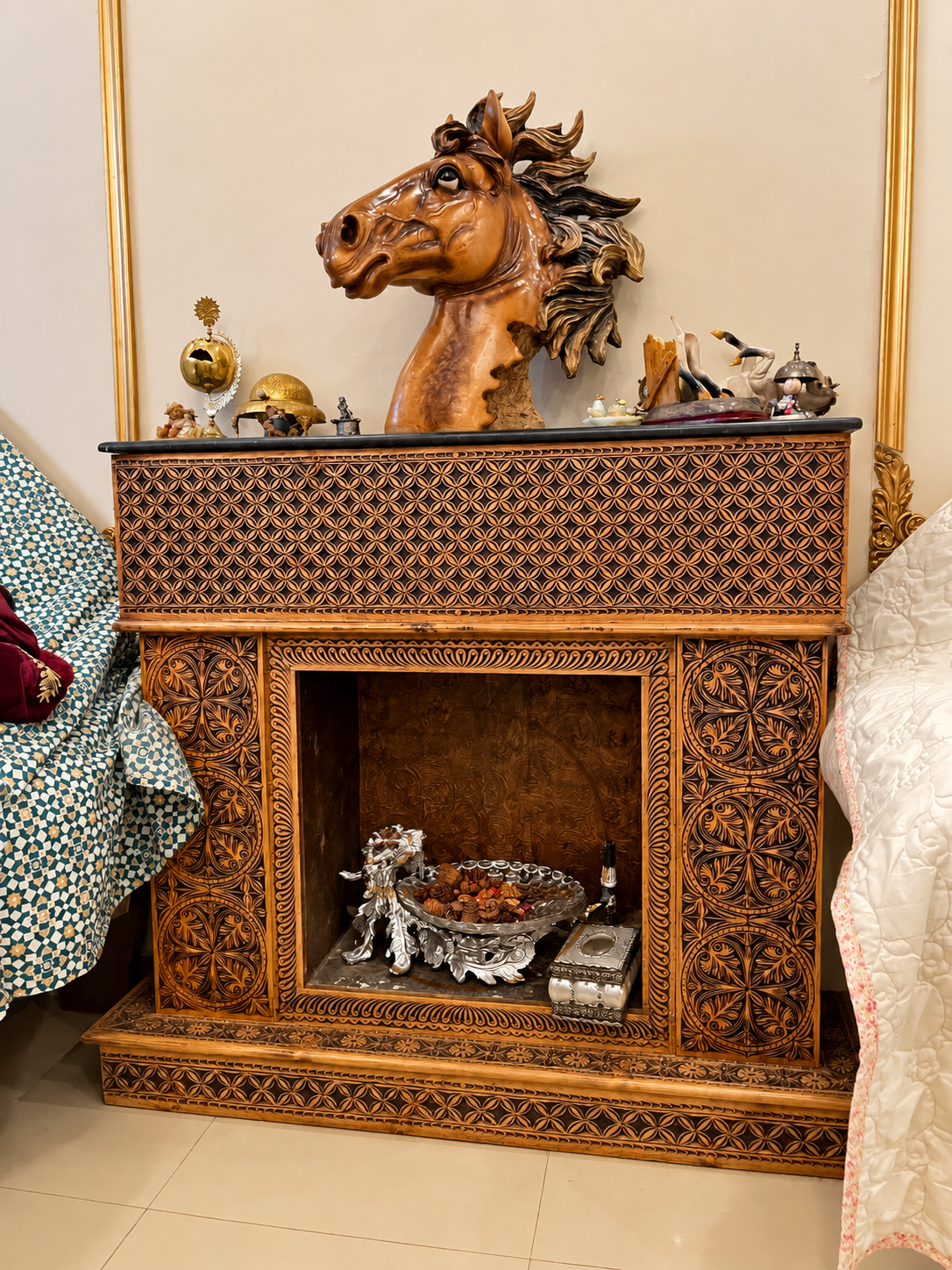Carved Wooden Fireplace Mantel