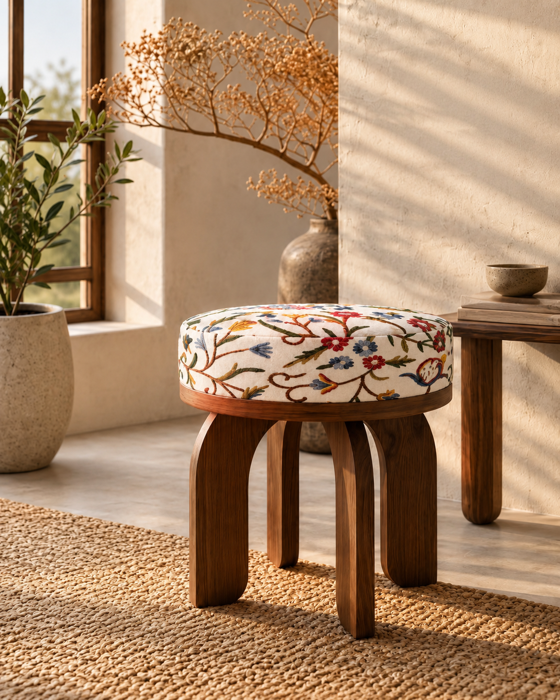 Handcrafted Floral Wooden Stool