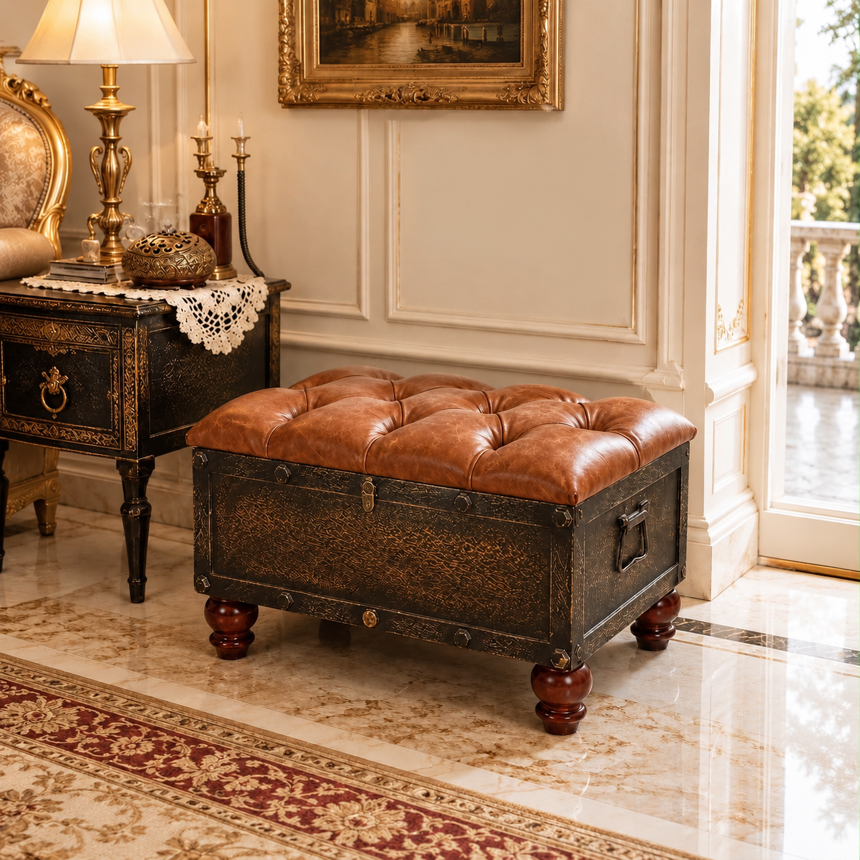 Vintage Leather Ottoman Trunk